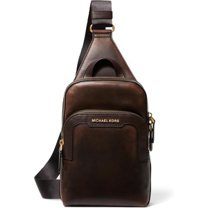 image:imageMichael Kors Mens Hudson Medium Double Zip Sling PackGoldtone HardwareMatte Antico LeatherChocolate