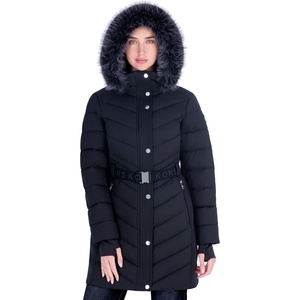 image:imageMichael Kors Womens Long Puffer Coat with Belt and Faux Fur HoodBlack