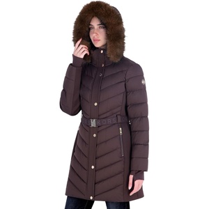 image:imageMichael Kors Womens Long Puffer Coat with Belt and Faux Fur HoodChocolate